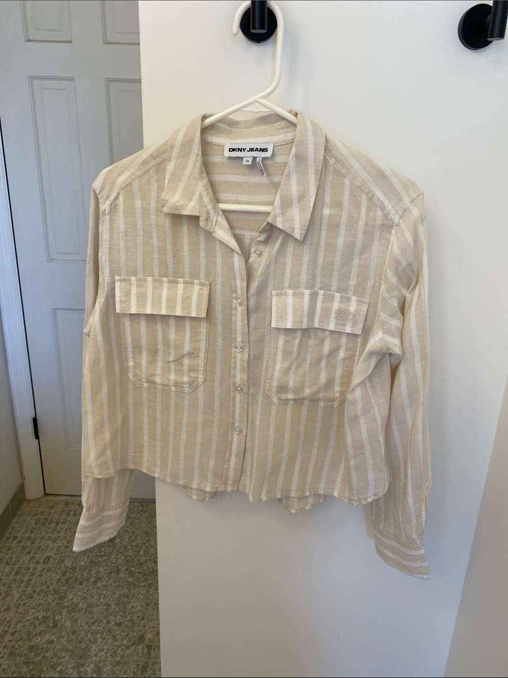 DKNY Beige and White Striped Button-Down Shirt